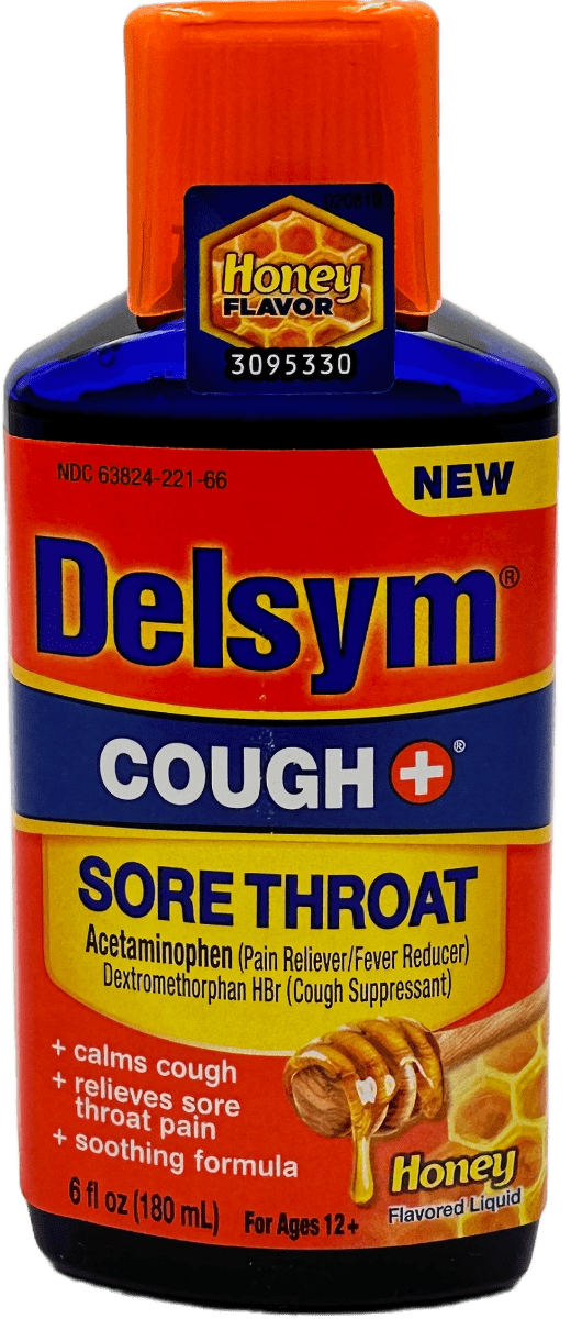 Delsym Cough & Sore Throat Syrup - Honey Flavored Liquid - 6 FL OZ